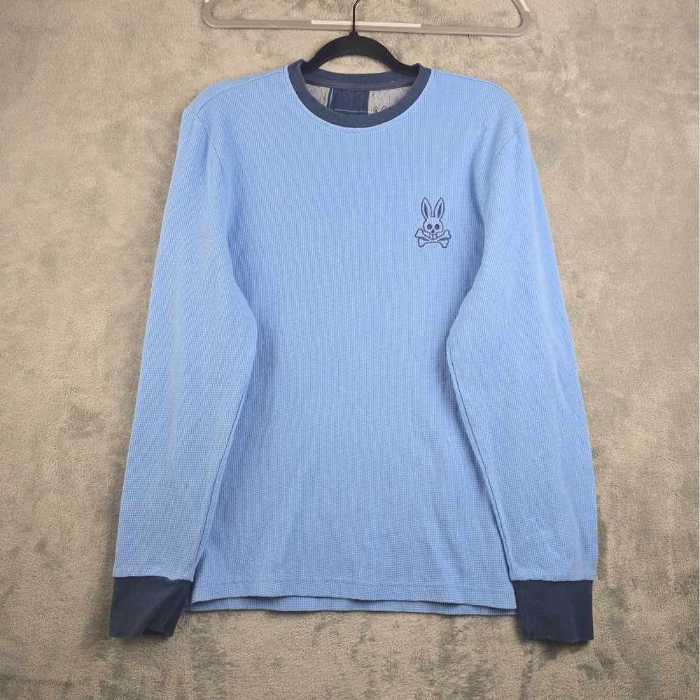 Psycho Bunny Shirt Mens Medium Blue Waffle Knit Thermal Logo Skull Bones